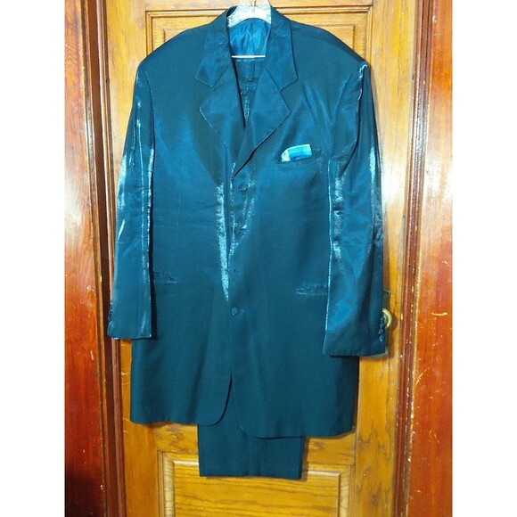 Vintage Falcone's Men's Extra Long Jacket Shimmery Satin Blue 2Pc Formal Suit - Picture 1 of 16